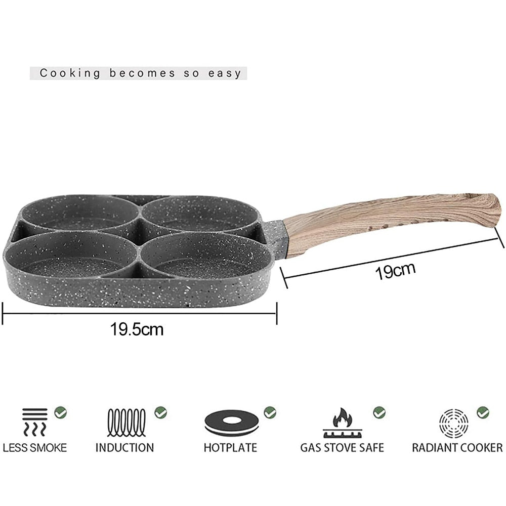 UPORS 4 Hole Frying Pan Non Stick Breakfast Burger Egg Pancake Maker Wooden Handle Medical Stone Four Hole Omelet Pan