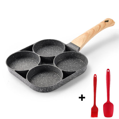 UPORS 4 Hole Frying Pan Non Stick Breakfast Burger Egg Pancake Maker Wooden Handle Medical Stone Four Hole Omelet Pan