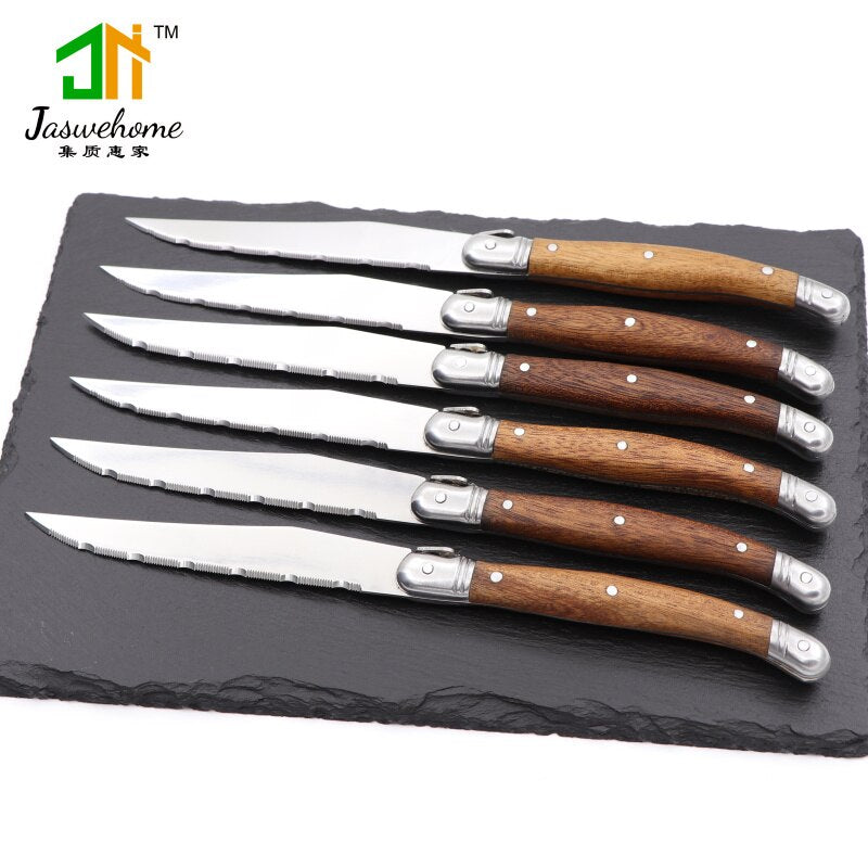 Jaswehome Set Of 6 Stainless Steel Steak Knife Dinner Tablewares Steak Knives With Solid Wood Handle Laguiole Cutlery Knife Set