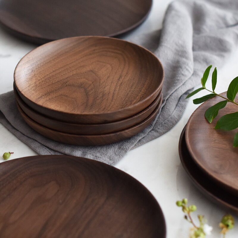 1Pc Wood Plate Premium Black Walnut Dish Plate Dia 15cm 20cm Dinner Plate Snack Cake Dessert Plate Wooden Tableware Dropshipping