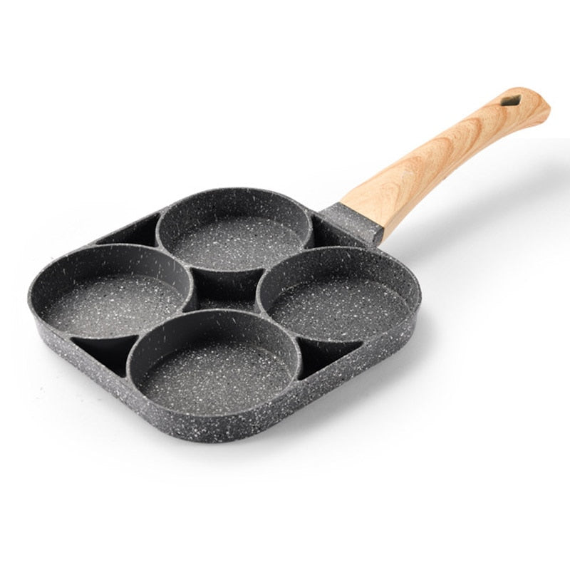 UPORS 4 Hole Frying Pan Non Stick Breakfast Burger Egg Pancake Maker Wooden Handle Medical Stone Four Hole Omelet Pan