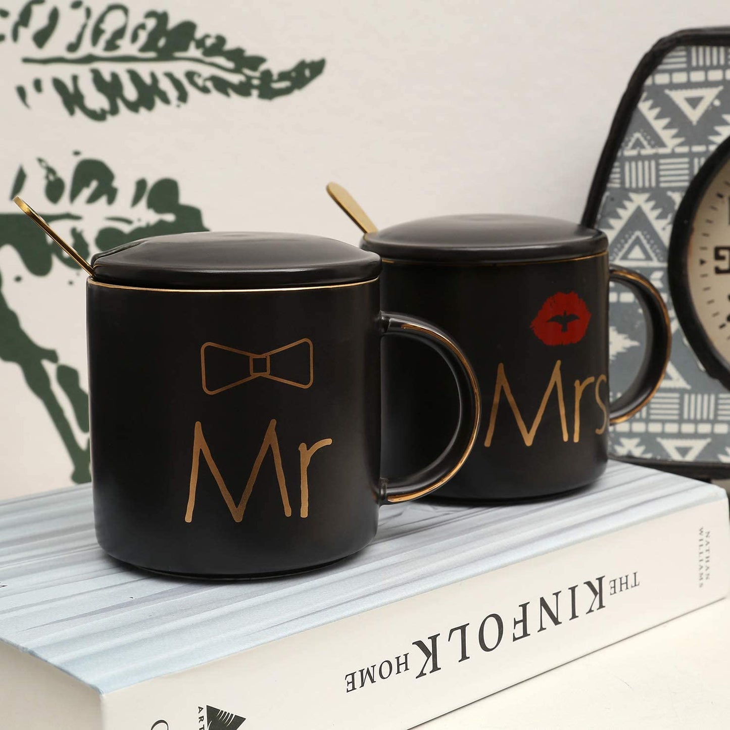 Mr and Mrs Coffee Mugs Creative Couples Black Ceramic Cups Wedding Gifts for Newlyweds Cup Set Perfect Gift-Set for Engagement