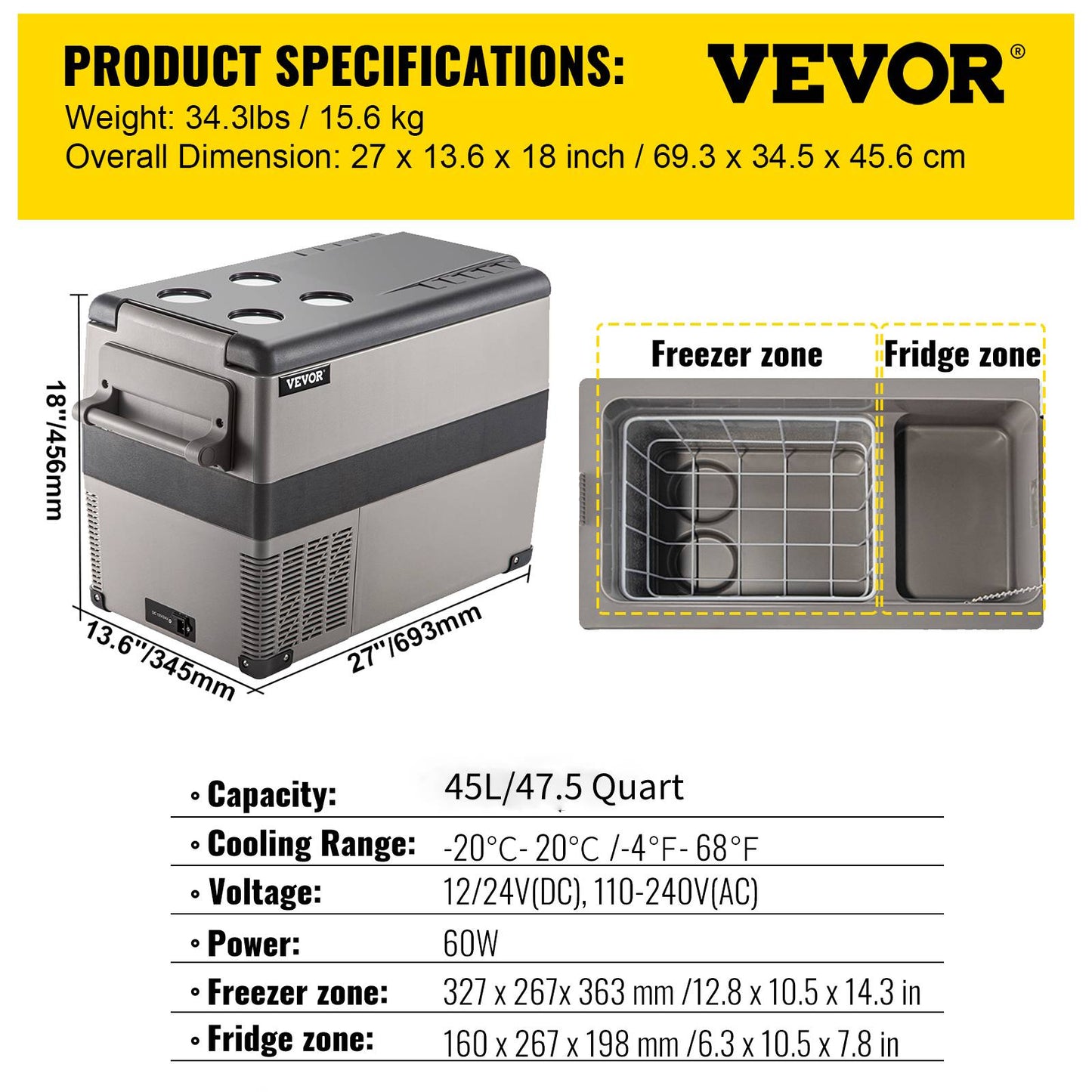 VEVOR 20L 22L 35L 45L 55L Car Refrigerator Mini Fridge Freezer Portable Compressor Cooler 12/24V DC 110-240V Ice Box for Camping