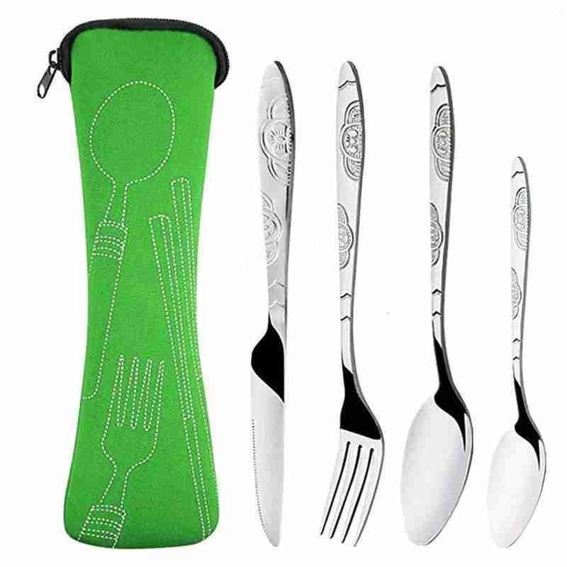 4Pcs/3Pcs Set Dinnerware Portable Printed Knifes Fork Spoon Stainless Steel Family Camping Steak Cutlery Tableware with Bag