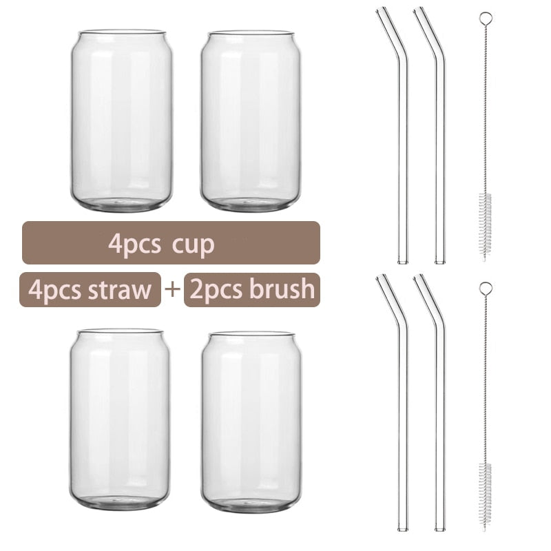 Glass Cup Bamboo Lid Bubble Tea Transparent Cold Drinking Coffee Mug Wine Milk Tea Cup Glass Straw Drinkware Durable 4/6pcs