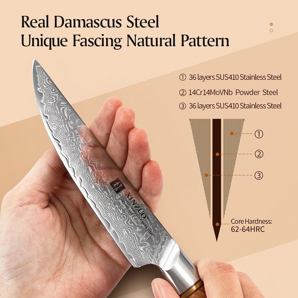 XINZUO  5" inch Steak Kitchen Knife Set Japanese Damascus VG10 Steel Razor Sharp Blade Cut Lamb Chops Pork Wood Handle