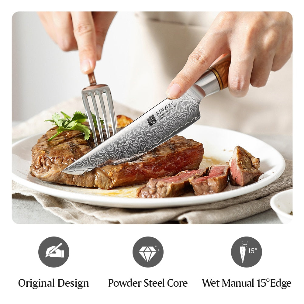 XINZUO  5" inch Steak Kitchen Knife Set Japanese Damascus VG10 Steel Razor Sharp Blade Cut Lamb Chops Pork Wood Handle