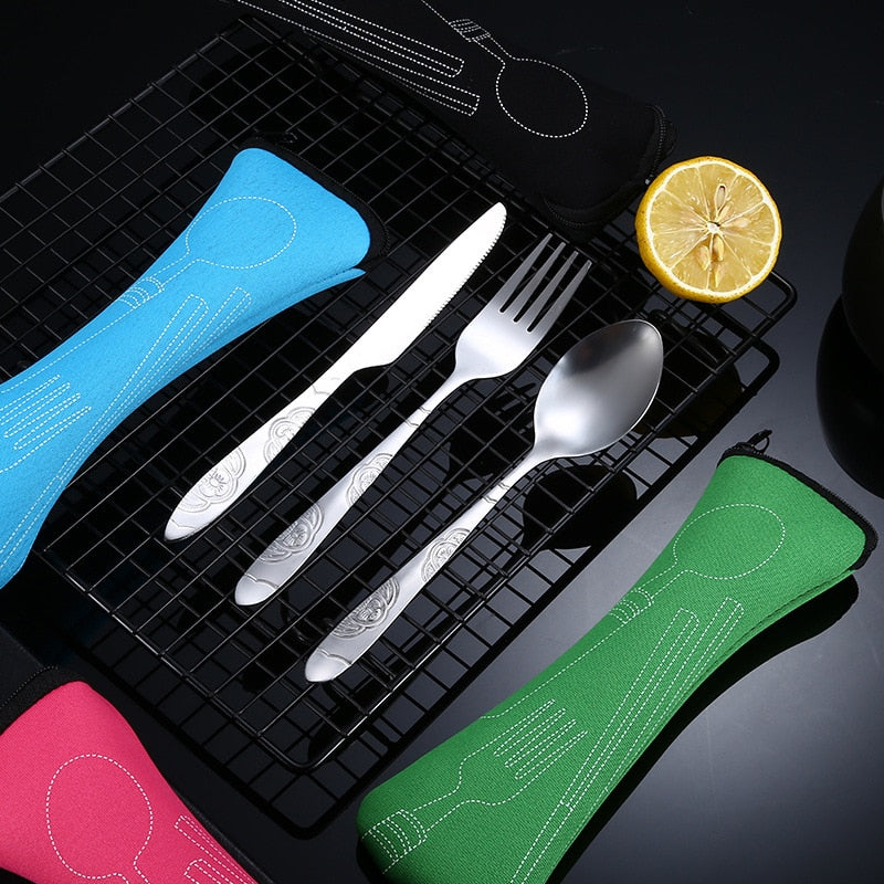 4Pcs/3Pcs Set Dinnerware Portable Printed Knifes Fork Spoon Stainless Steel Family Camping Steak Cutlery Tableware with Bag