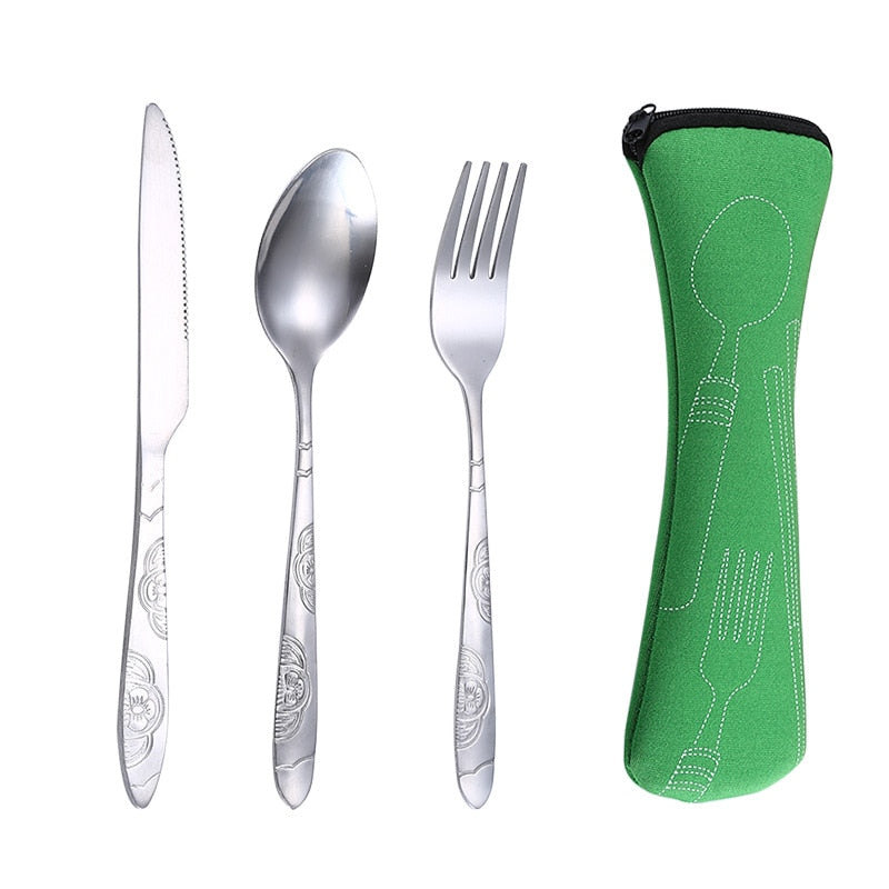 4Pcs/3Pcs Set Dinnerware Portable Printed Knifes Fork Spoon Stainless Steel Family Camping Steak Cutlery Tableware with Bag