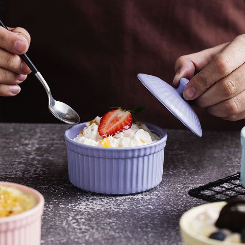 130ml Pudding Soufflé Baking Bowl with Lid Cake Fruit Yogurt Dish Baby Food Oven Microwave Egg Steam Cup Ceramic Tableware