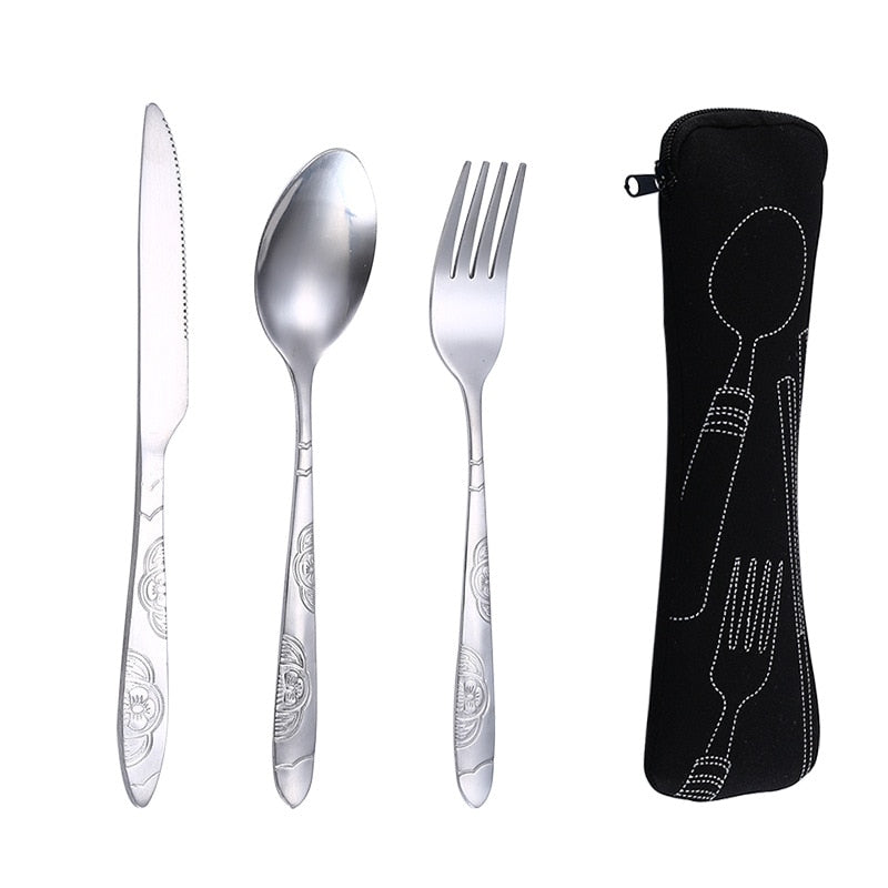 4Pcs/3Pcs Set Dinnerware Portable Printed Knifes Fork Spoon Stainless Steel Family Camping Steak Cutlery Tableware with Bag