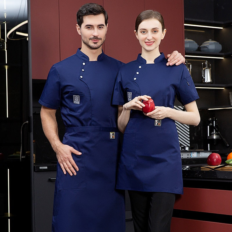 Unisex Kitchen Chef Coat Short Restaurant Uniform Shirt Service Bakery Breathable Double Breasted Chef Dress Chef Jackets apron