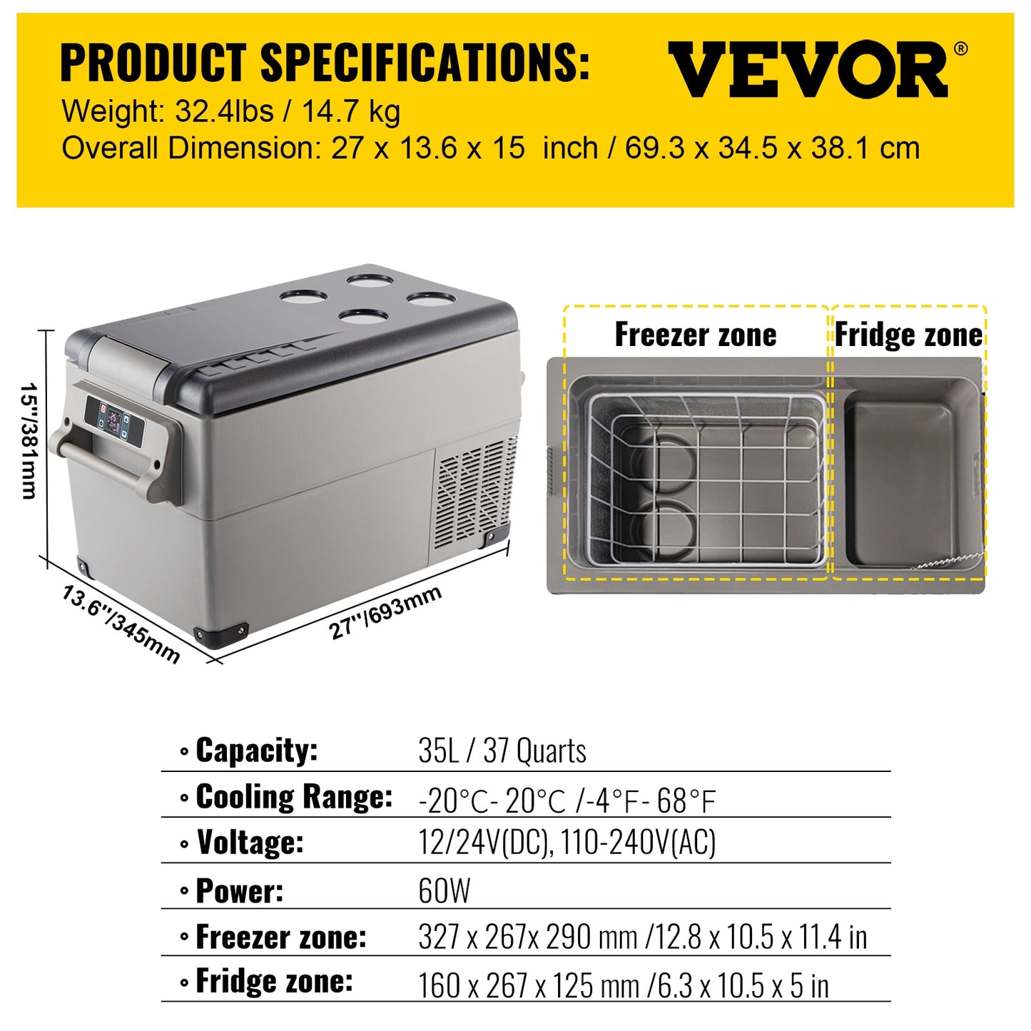 VEVOR 20L 22L 35L 45L 55L Car Refrigerator Mini Fridge Freezer Portable Compressor Cooler 12/24V DC 110-240V Ice Box for Camping