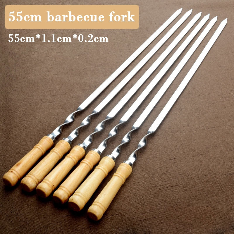 55cm 21.5" BBQ Skewers Long Handle Shish Kebab Barbecue Grill Stick Wood BBQ Fork Stainless steel Outdoors Grill Needle 6pcs