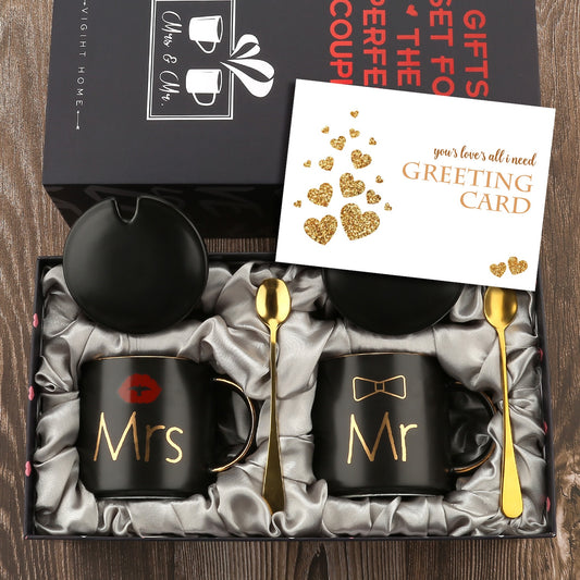 Mr and Mrs Coffee Mugs Creative Couples Black Ceramic Cups Wedding Gifts for Newlyweds Cup Set Perfect Gift-Set for Engagement