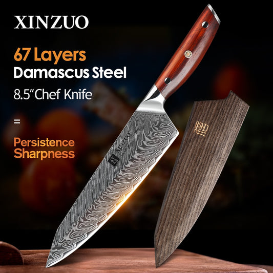 XINZUO 8.5 &#39;&#39;Inch Chef Knives Damascus Steel Japanese Kitchen Knives Damascus VG10 Stainless Steel Knives with Rose Wood Handle