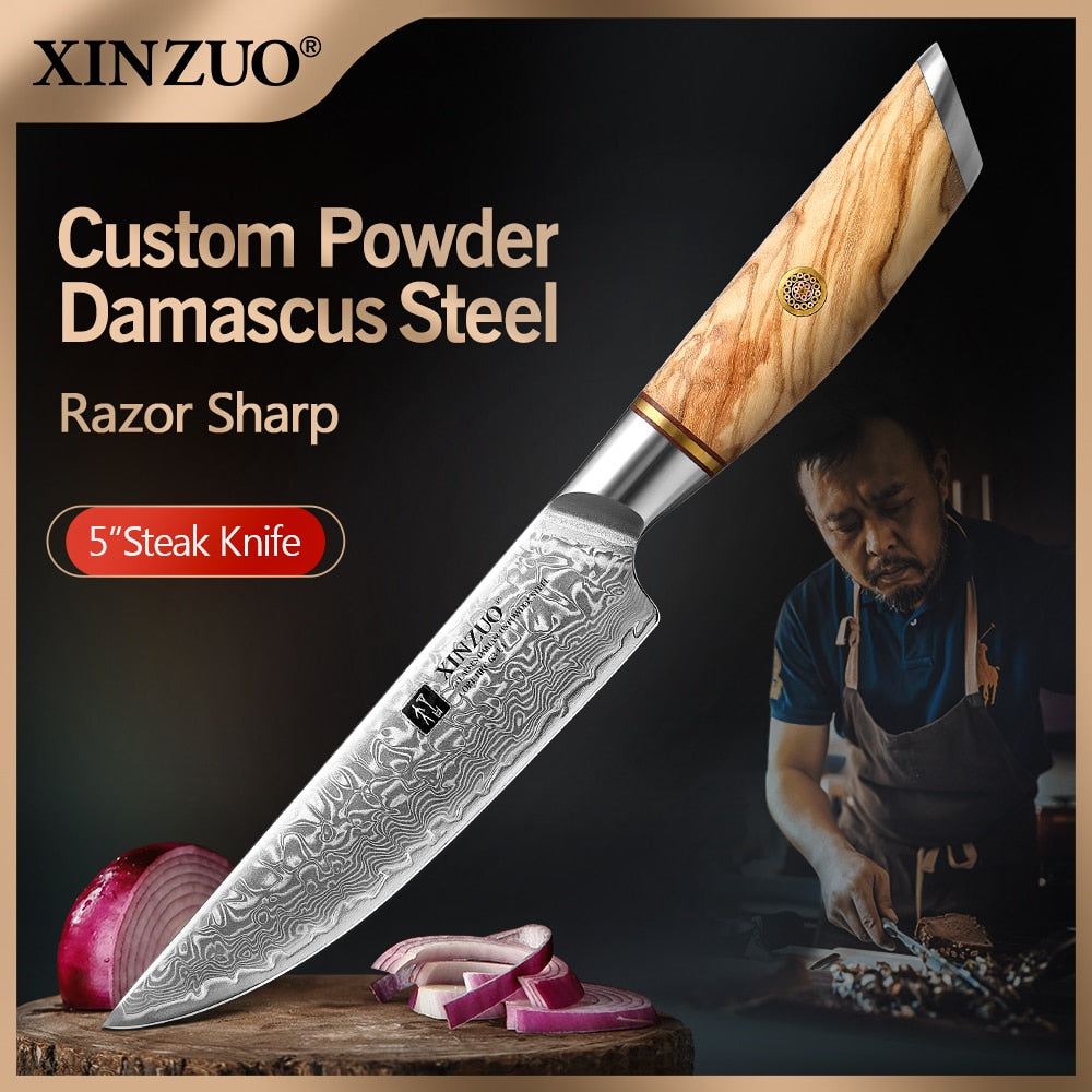 XINZUO  5" inch Steak Kitchen Knife Set Japanese Damascus VG10 Steel Razor Sharp Blade Cut Lamb Chops Pork Wood Handle