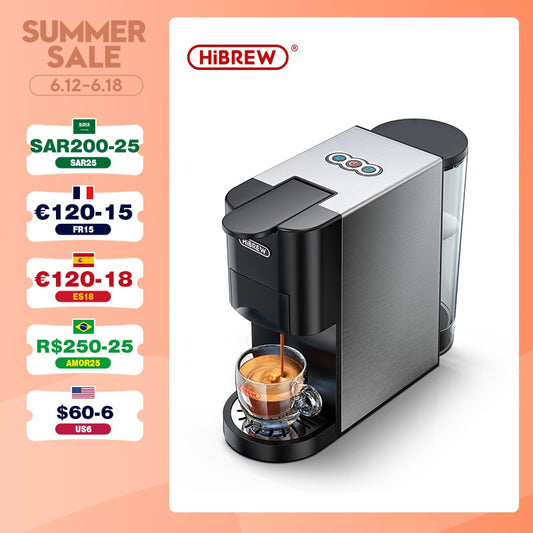 HiBREW Coffee Machine 4in1 Multiple Capsule Espresso  Dolce Milk&amp;Nespresso&amp;ESE Pod&amp;Powder Coffee Maker Stainless Metal Outook H3