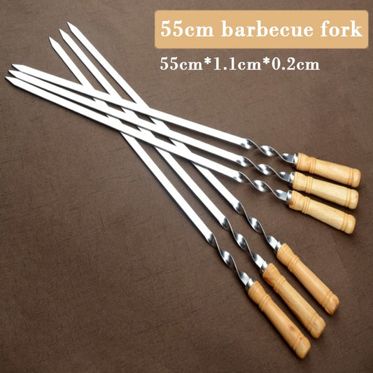 55cm 21.5" BBQ Skewers Long Handle Shish Kebab Barbecue Grill Stick Wood BBQ Fork Stainless steel Outdoors Grill Needle 6pcs